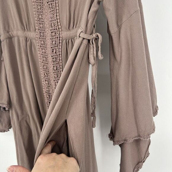 Earthbound Trading Co Boho Mini Dress Brown Crochet Long Bell Sleeves Size XL - Picture 4 of 8